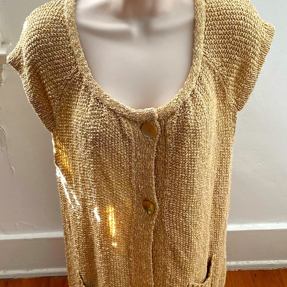 Margaret O’Leary gold tan knit shirt sleeve cardigan with pockets, size L boho